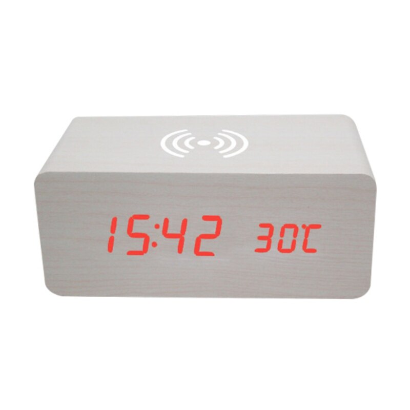 Wood LED Digital Alarm Clock With Phone Wireless Charging Pad Snooze Function Sound Control Adjustable Brightness Alarm Clock: H
