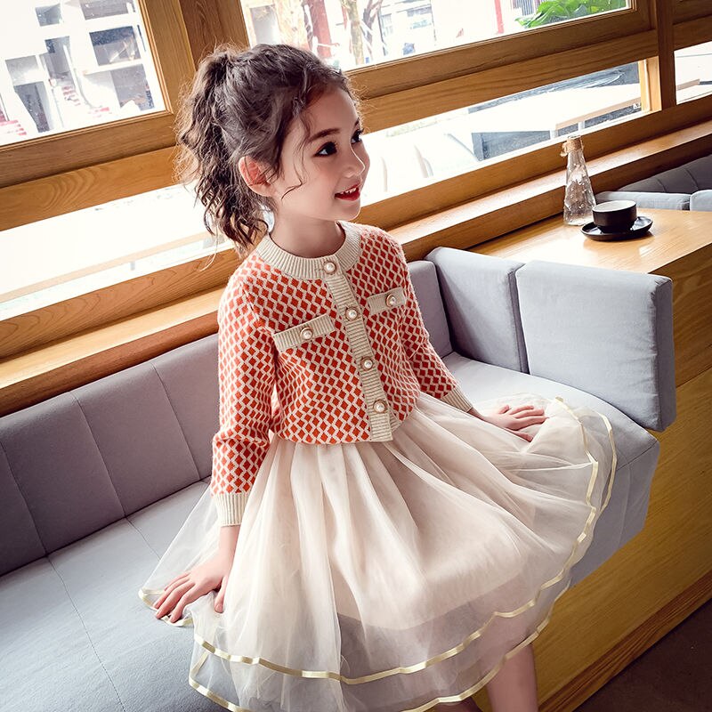 Meisjes Kleine Geurige Wind Rok Voorjaar Mode Meisjes Netto Rood Pak Rok Lente En Herfst Grote Kinderen Twee stuk Pak: Orange dress / 9 155-160cm