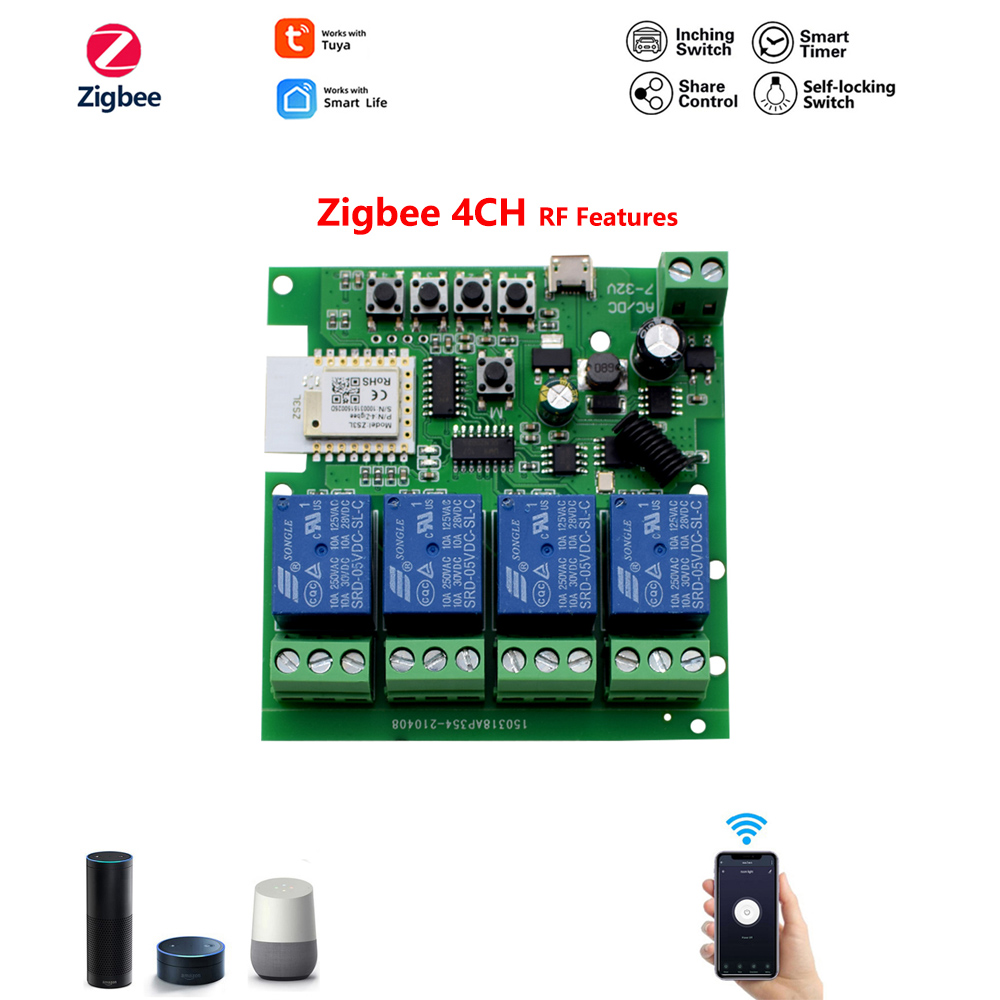 Zigbee 3.0 Wifi Smart Switch Home RF Relay Module 1/2/4 Ch DC 12V 24V 7V-32V Voice Group Remote Control Work With Tuya Alexa: Zigbee 4CH