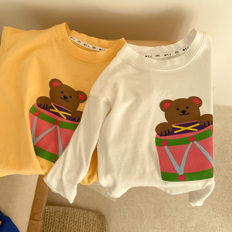 Camisetas de primavera Unisex con dibujo de oso, camisetas de manga larga informales de algodón con cuello redondo, diseños Coreanos