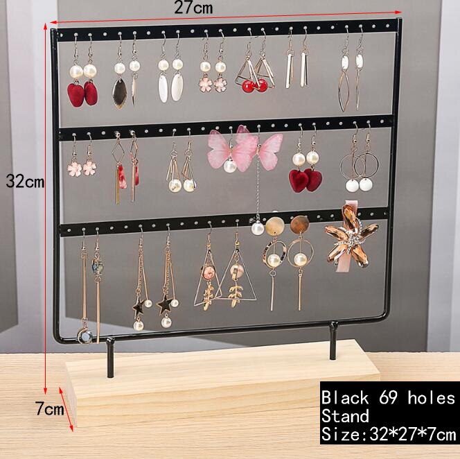 Earrings Stand Jewelry Display Earrings Holder Jewellery Storage Wooden Base Metal Ear Studs Pendant Rack: black 69 holes