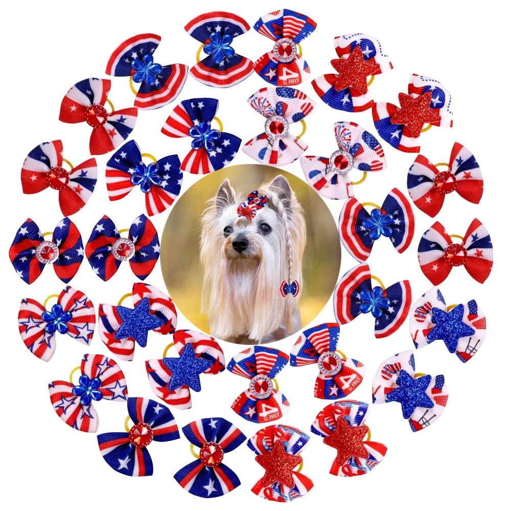 Mini lazos para el pelo hechos a mano para perro, accesorios de aseo bonitos, pinzas para el pelo de gato Kawaii, bandas de goma para el pelo diario para perro, proveedor de mascotas, 50 Uds.: Independence Day / 20pc a pack