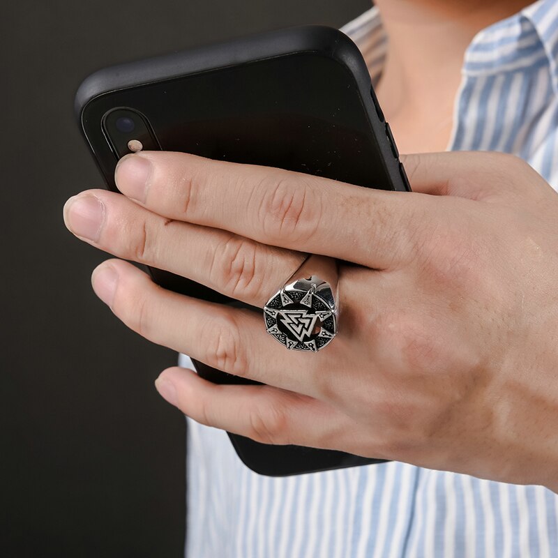 Heren valknut ring futhark runen kompas ring zilver roestvrij staal viking ring heren scandinavische wikinger noorse sieraden