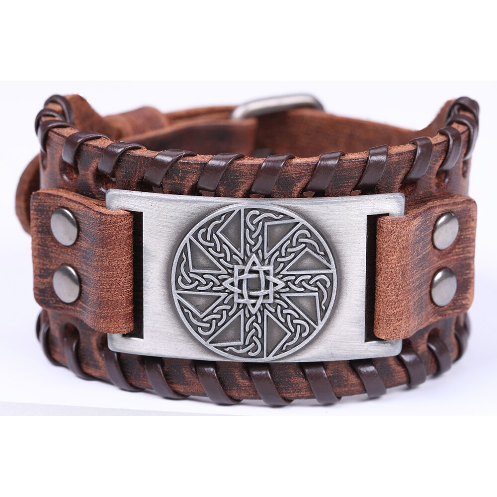 LIKGREAT Slavic Kolovrat Wicca Amulet Cuff Wristband Jewelry Sun Wheel Celtics Knot Pagan Talisman Adjustable Leather Bracelet: 9