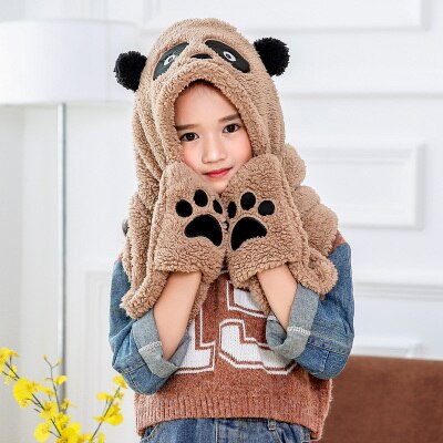 3 in 1 functies dier cartoon koraal fleece sjaal winter mooie panda muts met handschoenen voor kinderen volwassenen kerst: Kinderen lachen licht koffie