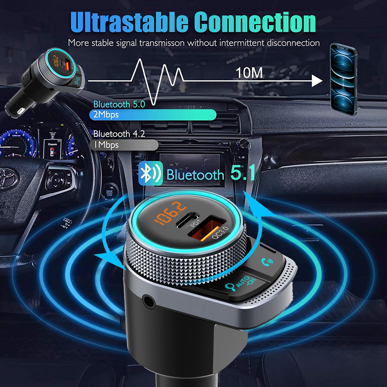 JINSERTA Car Bluetooth 5.1 FM Transmitter Wireless Kit Handsfree Mp3 Player Lossless Music Play USB QC3.0 PD24W Quick Charger