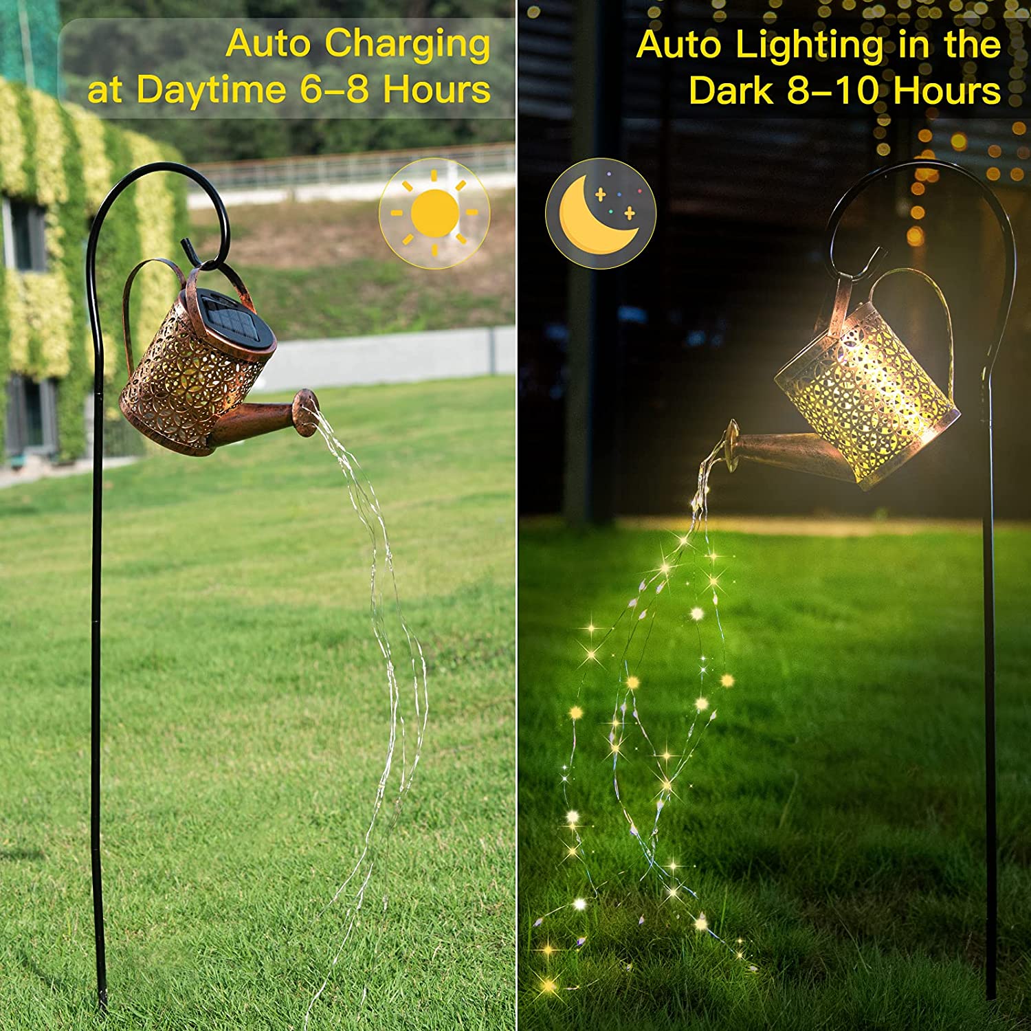 Solar Watering Can Waterfall Lights Garden Outdoor Art Lamps Hollow-out Iron Shower LED String Lights Decoracion Jardin Exterior