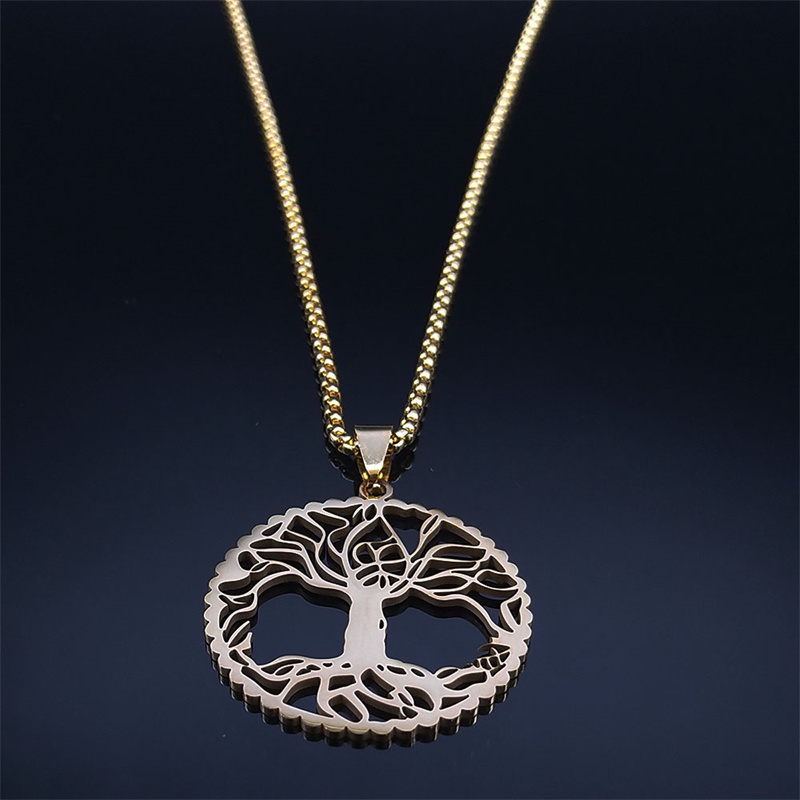 Levensboom Halsketting Voor Dames Heren Roestvrij Staal Goudkleurige Hanger Kettingen Amulet Sieraden Cadeau N3397GDS01