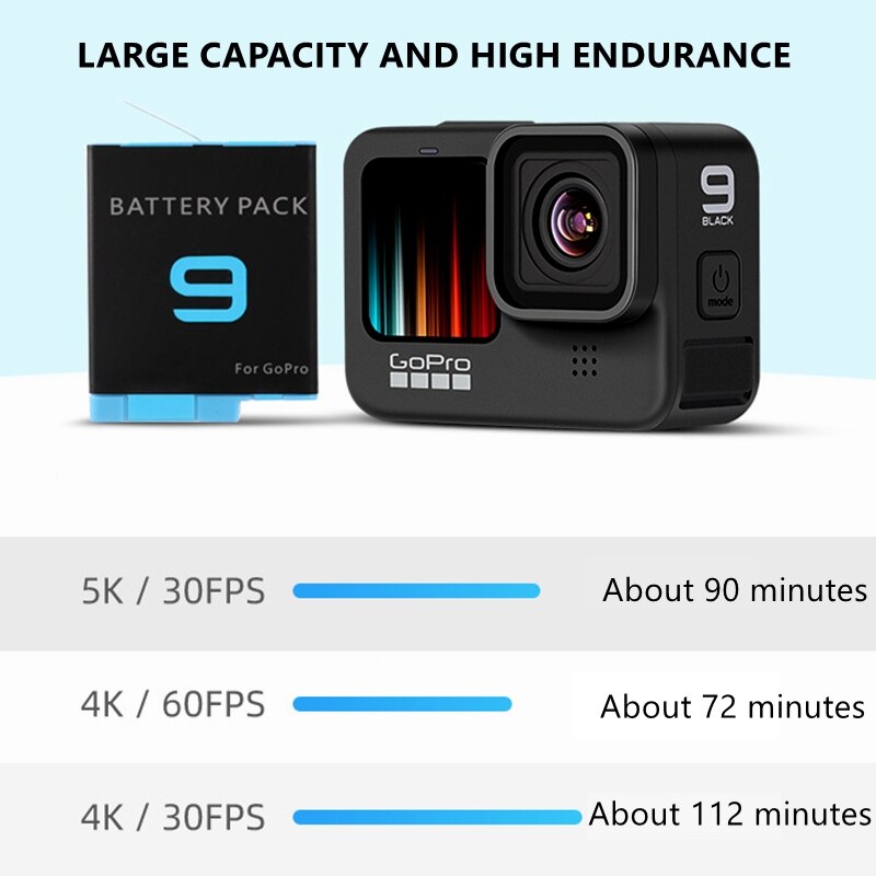 1720 mah hero 9 full decode -akku+micro usb/c-tyypin kaksoislaturi gopro hero 9: lle, musta ladattava litiumioniakku