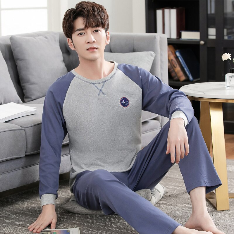 Plus Size M-4XL Cotton Men Pajamas Set Long Sleeve Round Neck Leisure Soft Sleepwear Loose Male Homewear Clothing