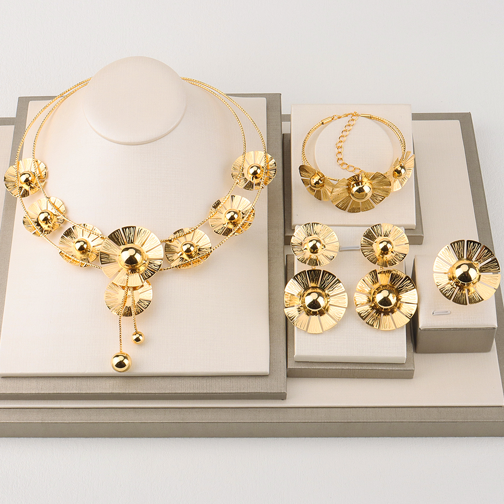 Ensemble de bijoux de mariée de dubaï, fleur de luxe, couleur or, collier rond, boucles d&#39;oreilles, bijoux de mariage, bague, bague, Nigeria: SMT252
