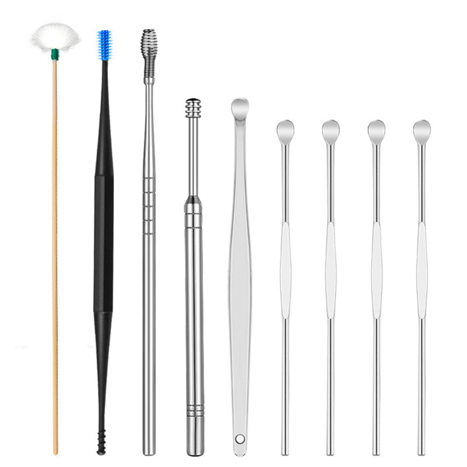 Oor Cleaner Kits Rvs Earpick Wax Remover Curette Veer Oor Pick Oor Schoner Lepel Spiraal Oor Schoon Tool S: 9pcs Silver