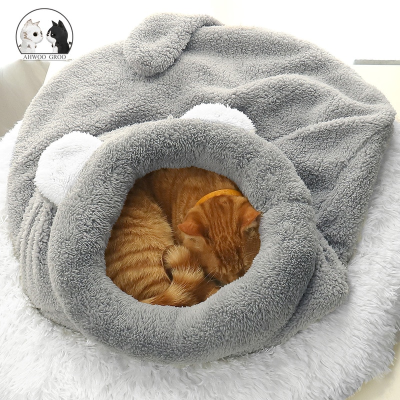 Söt katt sovsäck säng ultramjuk korallfleece katt kattunge säng husdjur katt två användningsmatta kudde härlig husdjur katt varm hus kennel