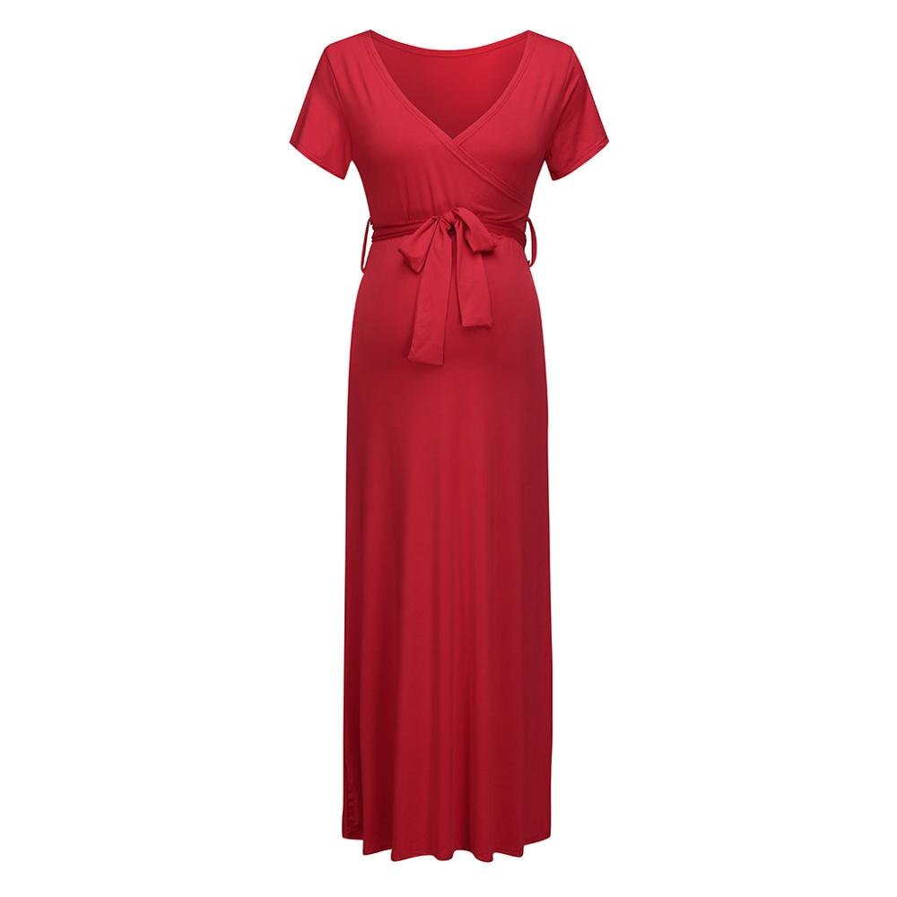 Maternity Dresses Solid Color Women Pregnant Sashes Sundress Clothes For Pregnancy Birthday Party Evening Long Dresses Summer: Red / M
