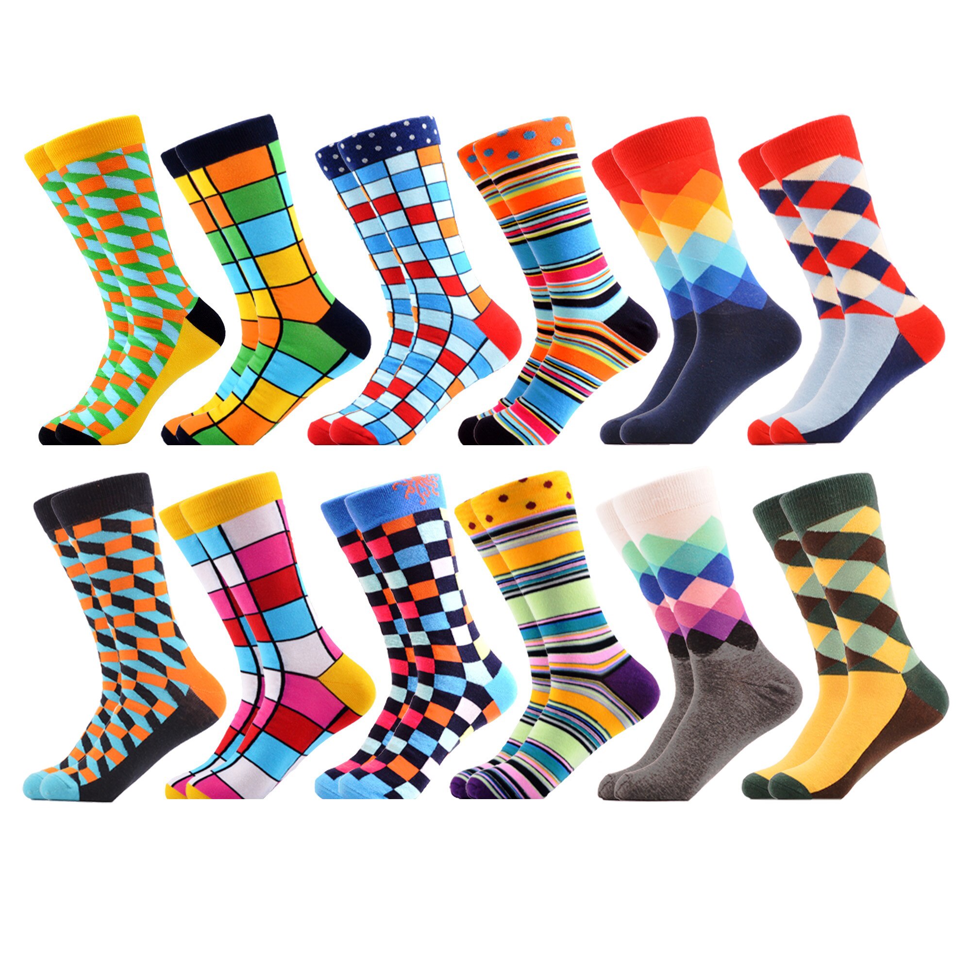 SANZETTI-chaussettes pour hommes, style Hip Hop, en coton peigné, haute couleur, nouveauté, Skateboard, motif géométrique, motif Harajuku,: 06628 (12 pairs)