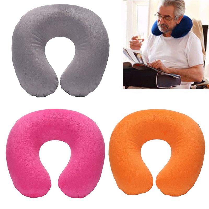 1PC Opblaasbare U-vormige Reizen Air Kussen Comfortabele Nek Ondersteuning Korte Pluche Cover Kussen Nek Verlichten Vermoeidheid