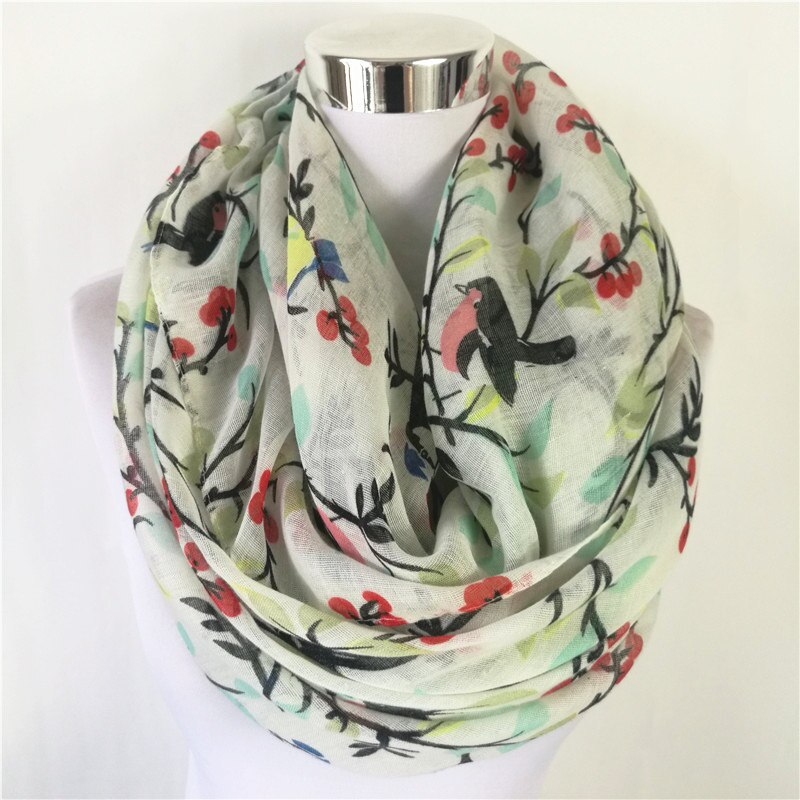 Magpie Bird print Viscose Match Ipek Esarp loop Scarves Flower Infinity Scarf spring Wraps ring scarf for women