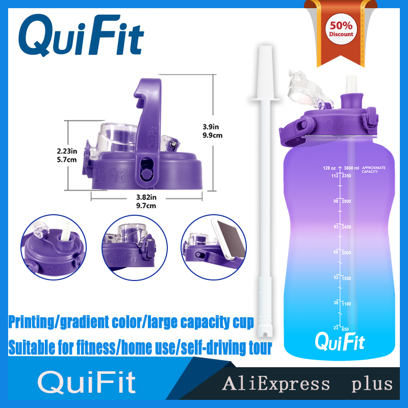 QuiFit water bottle 3.8L bouncing lid gallon water bottle cuptime stamp trigger no BPA, sports phone holder fitness water bottle: purple-blue