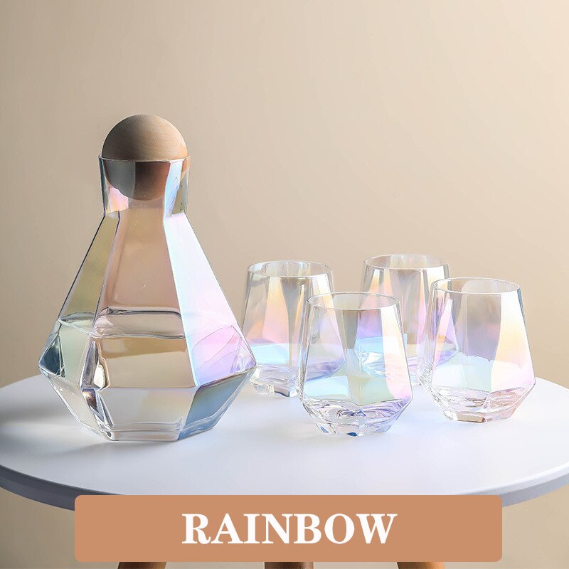 1.4L Geometrical Glass Pitcher with 4 Cups Borosilicate Water Carafe Teapot Tea Kettle Water Jug Drink Dispenser Colorful Clear: rainbow-1 jug 4 cup