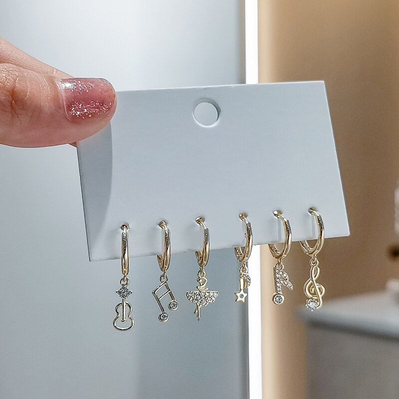 Anenjery Zilveren Kleur Koper Zirkoon Muziek Symbool Hanger Oorbellen Voor Vrouwen Leuke Creatieve Charmante 6 Stuk Oorbel Set Meisje