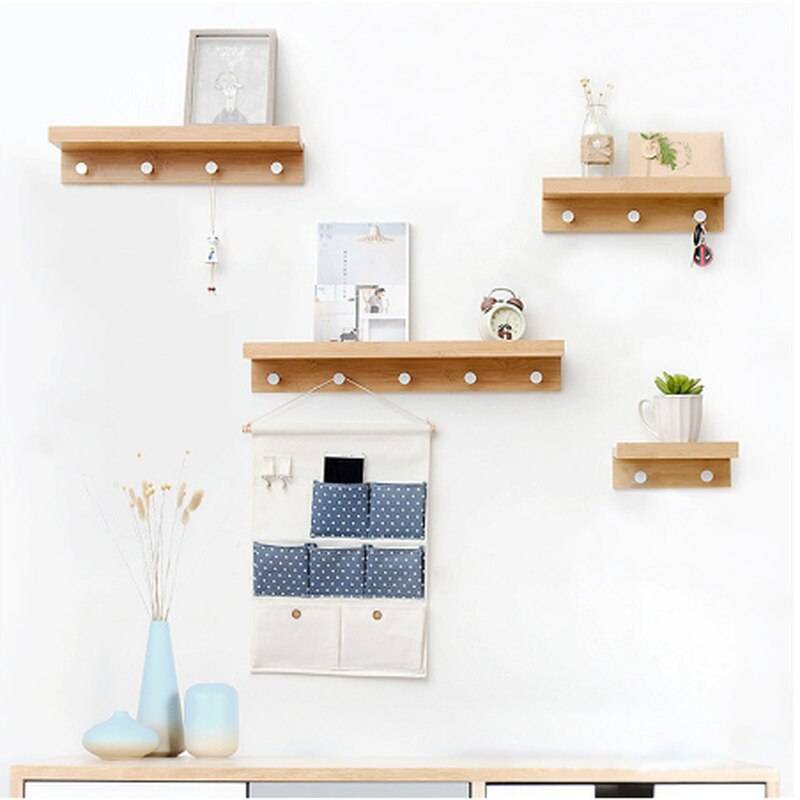 Estante de pared de madera para el hogar, organizador de artículos diversos, soporte de decoración de pared, colgador de llaves, estantes de almacenamiento con colgante WF