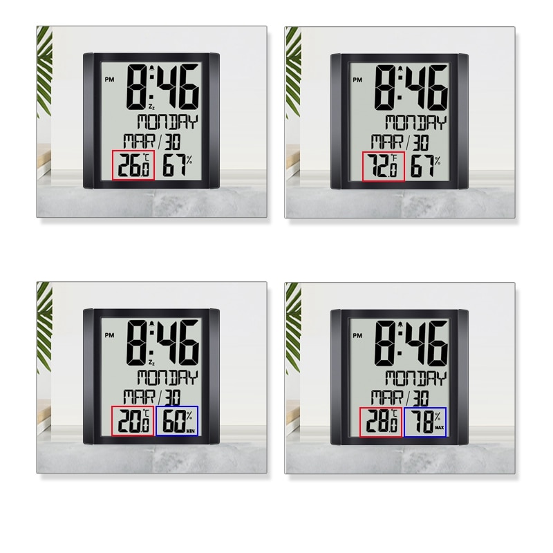 Slim Atomic Wall Clock with Indoor/Outdoor Temperature & Humidity Full Calendar and Large Display