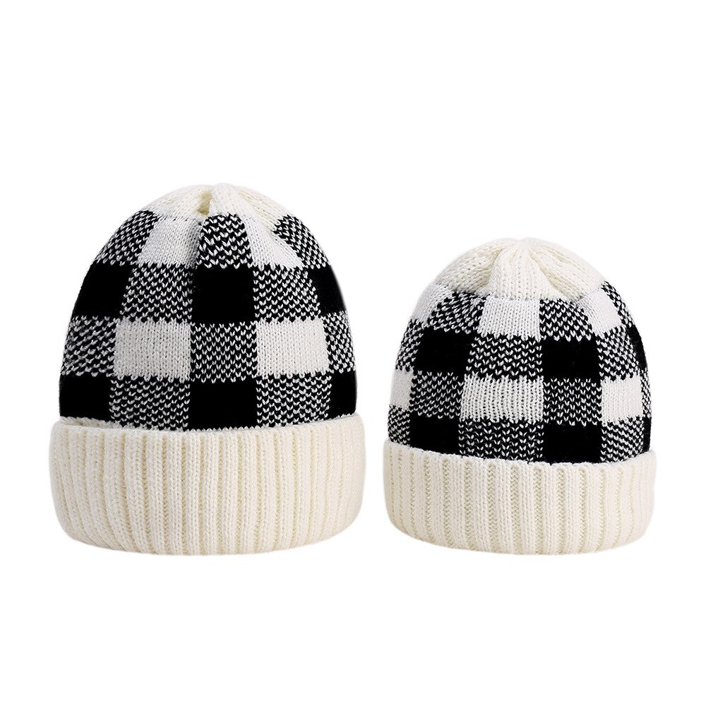 Strikket hat plaid rhombus uld cap strik cap familie matchende hat til voksne børn sød jul: 1