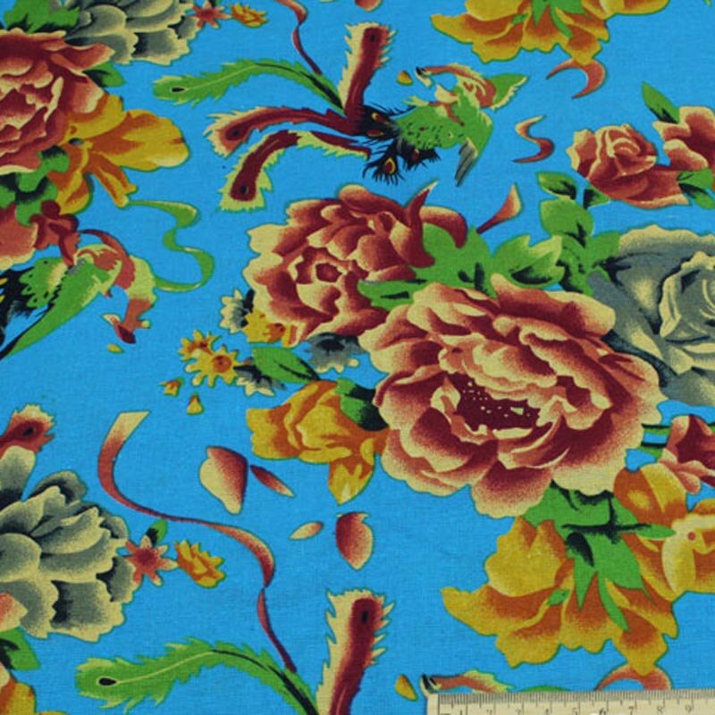 Tissu en coton/lin imprimé, fleur de pivoine Phoenix traditionnelle chinoise pour vêtements, textile de décoration patchwork: blue / 150x140cm