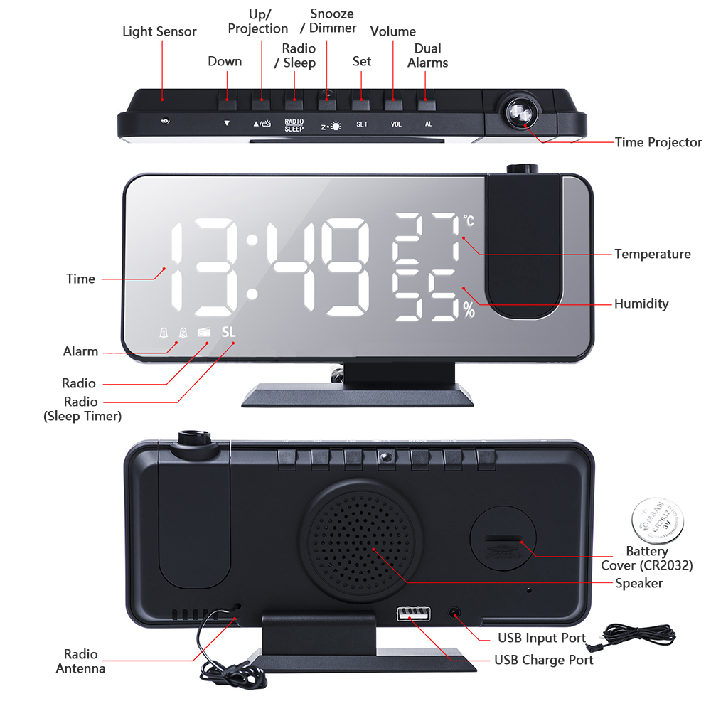 LED Digital Projection Alarm Clock Table Electronic Alarm Clock with Projection FM Radio Time Projector Bedroom Bedside Clock