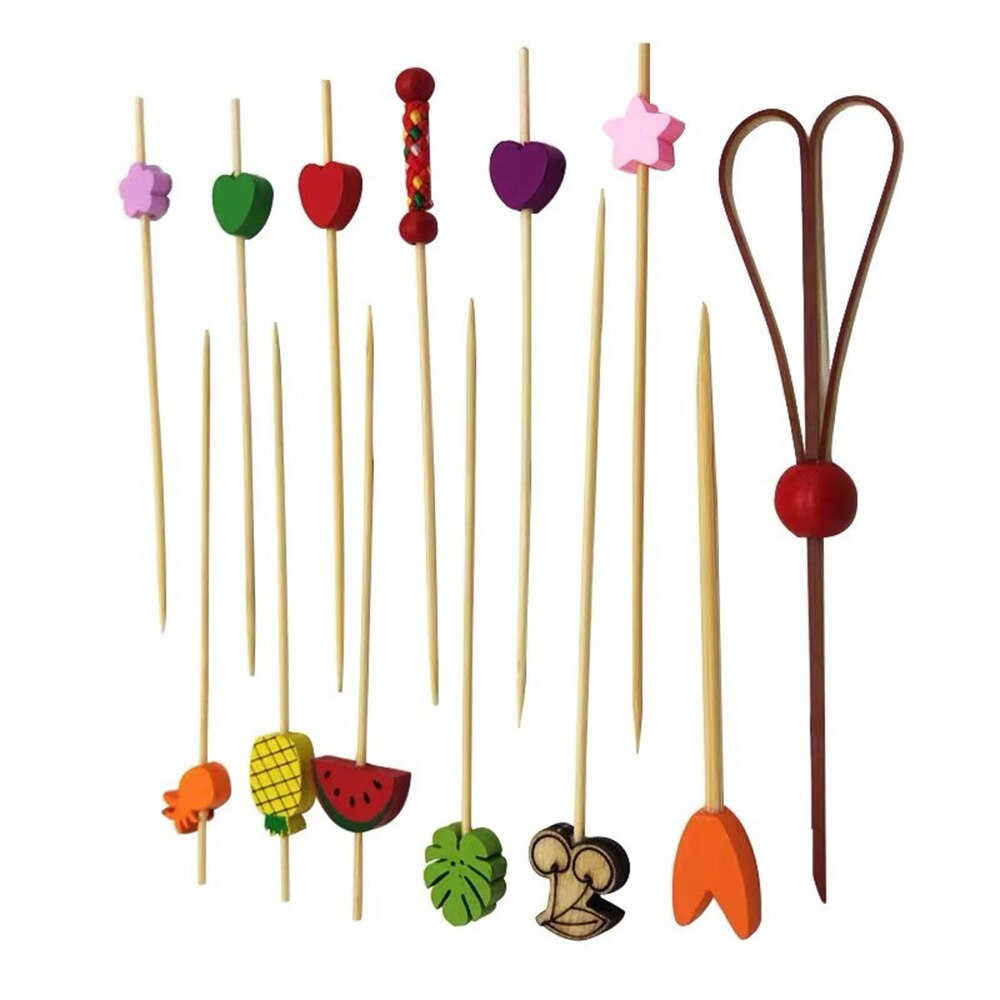 50PCS Disposable Bamboo Stick with Twisted End Scissors Shape for Barbecue Snack Sandwich Fruit Food Bamboo Stick 12cm Length