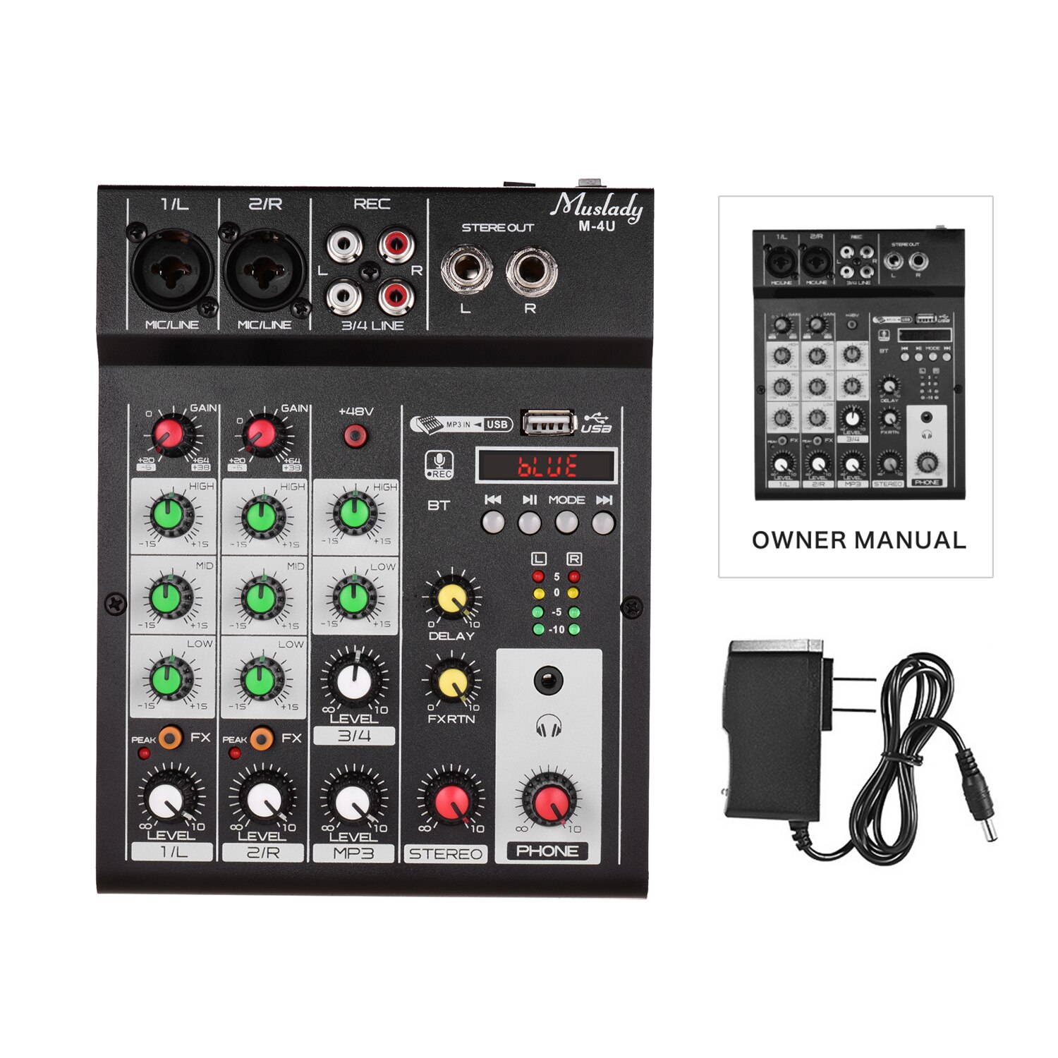 Muslady M-4U 4-Channel BT Mixing Console Digital Audio Mixer Built-in Reverb Effects +48V Phantom Power 3-band EQ Portable