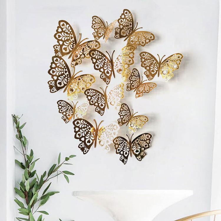 12pcs/set 3D Hollow Butterflies Wall Sticker for Home decoration Living room bedroom for Party Wedding decor Butterfly stickers: Gold H