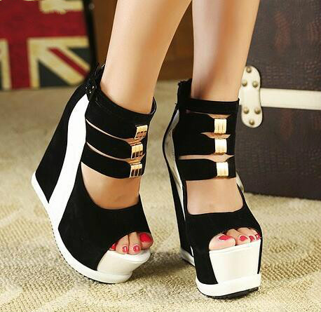 Kvinna skor sommar äkta kvinnor plattform tjocka sulor sandaler kilar högklackat 14cm peep toe blandade färger sexiga skor