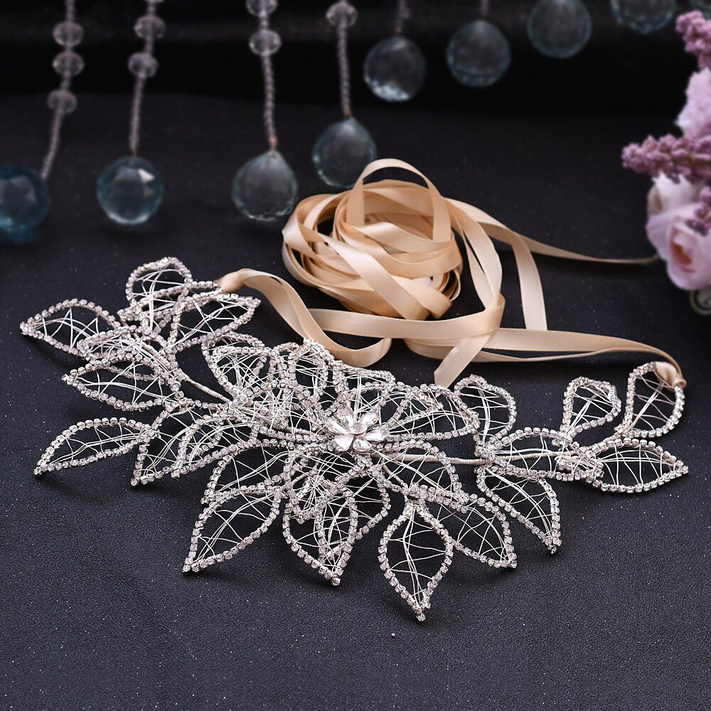TRiXY SH256-S Silver Diamond Wedding Dress Belt Waist Belt with Rhinestones Luxury Sparkly Belts for Women Dress Satin Sash Belt: champagne ribbon