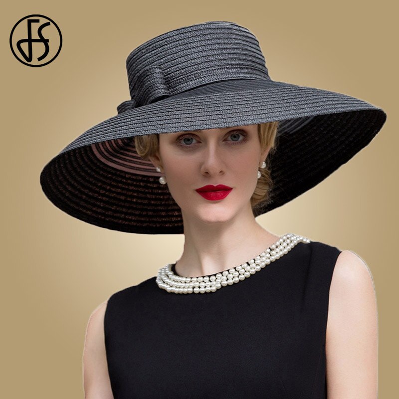 Fs vintage stor hat til sort sommerhat kvinder staw stor bred rand fedora stor sløjfe bryllup kirke kentucky derby hatte: Sort