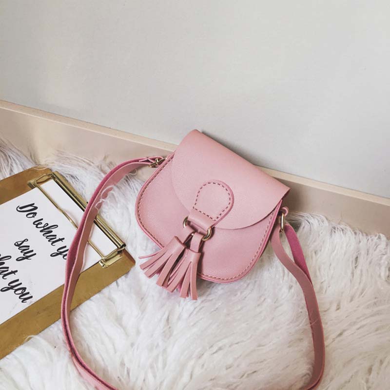 Cute Girls Tassel Shoulder Bags Kids Messenger Bag Cartoon Printing Crossbody Bag Children PU Leather Satchel Girls Bag: pink