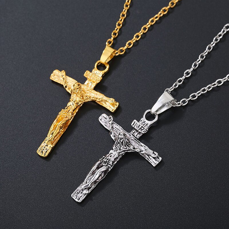 Vintage Mannen Vrouwen Jesus Cross Hanger Kettingen Rvs Crucifix Hanger Link Chain Sieraden
