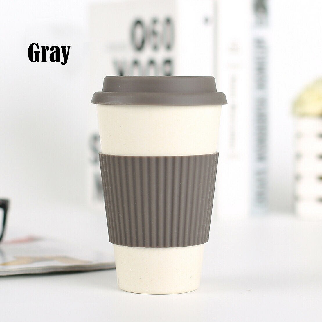 Reusable Bamboo Fibre Coffee Tea Cup Mug Wheat Straw Travel Cup with Silicone Cup Lid: Gray