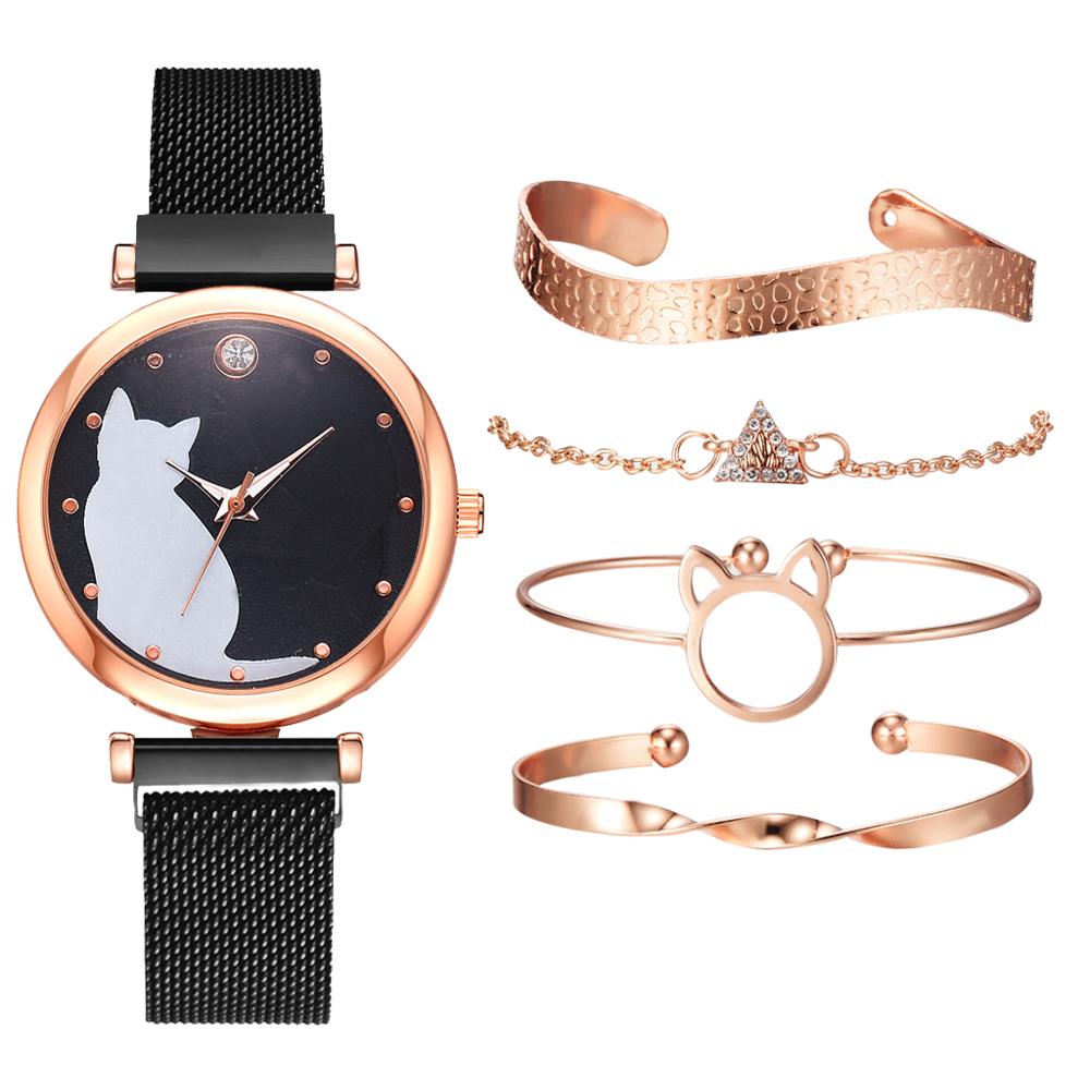 5 st/set dam klockor roséguld armband set kattmönster svart magnet klocka dam armband armbandsur lyx kvarts klocka