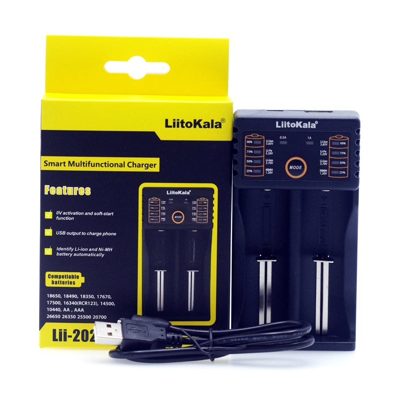 Liitokala lii 402/ lii -202/ lii -100/1.2v/3.7v 18650/26650/18350/16340/18500/ aa / aaa nimh litium batterilader 5v 2a støpsel: Lii -202 og usb