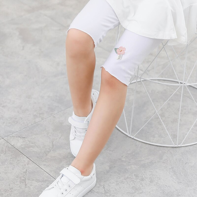 Girls Knee Length Kid Five Pants Solid Color Children Cropped Trousers Spring-Summer All-matches Bottoms Leggings Floral Sweet