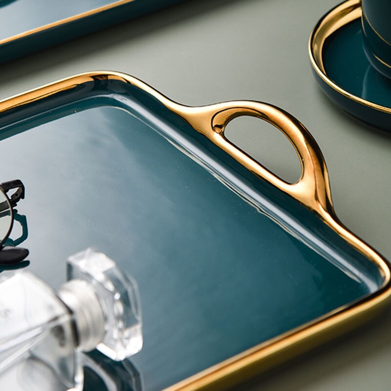 European-style Ceramic Tray White Gold Rim Rectangular Plate Coffee Cup Storage Tray Restaurant Hotel Service Tray