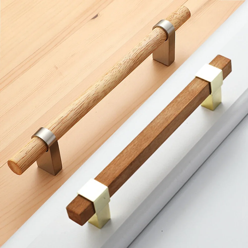 Tiradores de madera para muebles, pomos de Puertas doradas, negras y plateadas para armarios de cocina y cajones