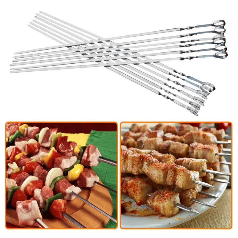 (12 sticks) stainless steel barbecue sticks barbecue utensils iron sticks delivered in black cloth bag