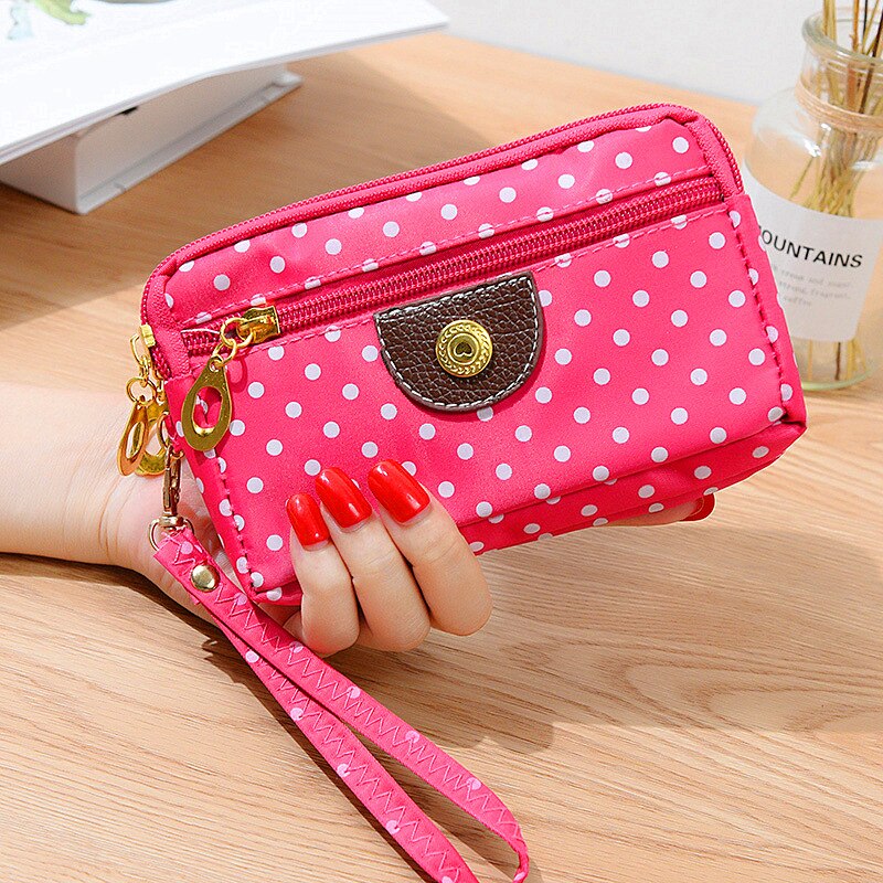 Women Wallet Cute Dot Canvas Three Zipper Multi-layer Fabric Mobile Phone Bag Female Clutch Pouch: Pink