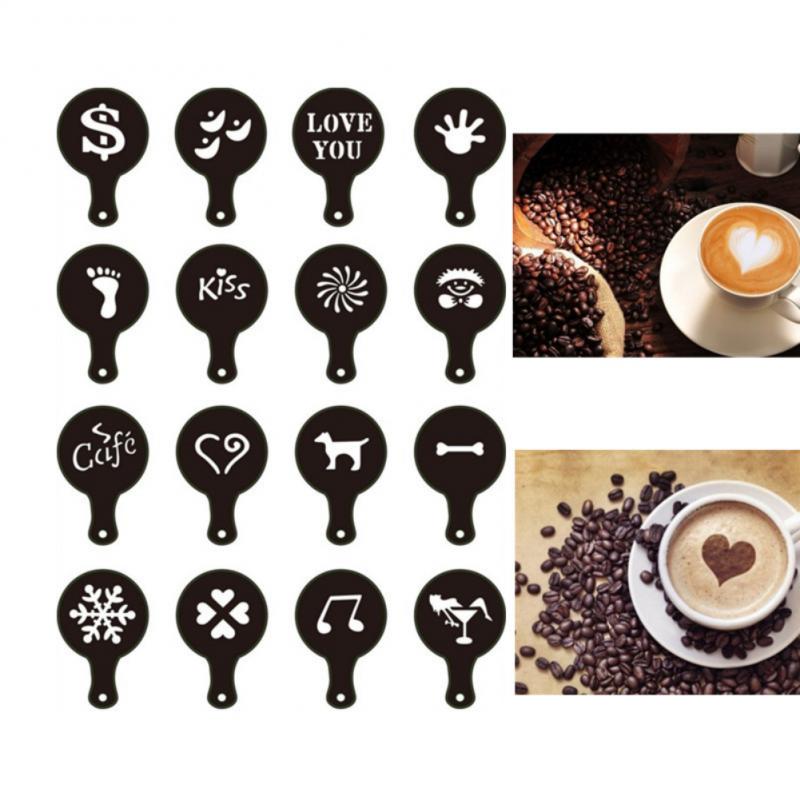 Plantilla para decorar café Barista, plantillas de espuma pulverizada para pastel, molde de capuchino, herramientas de tamiz en polvo, accesorios de café: 16pcs 04