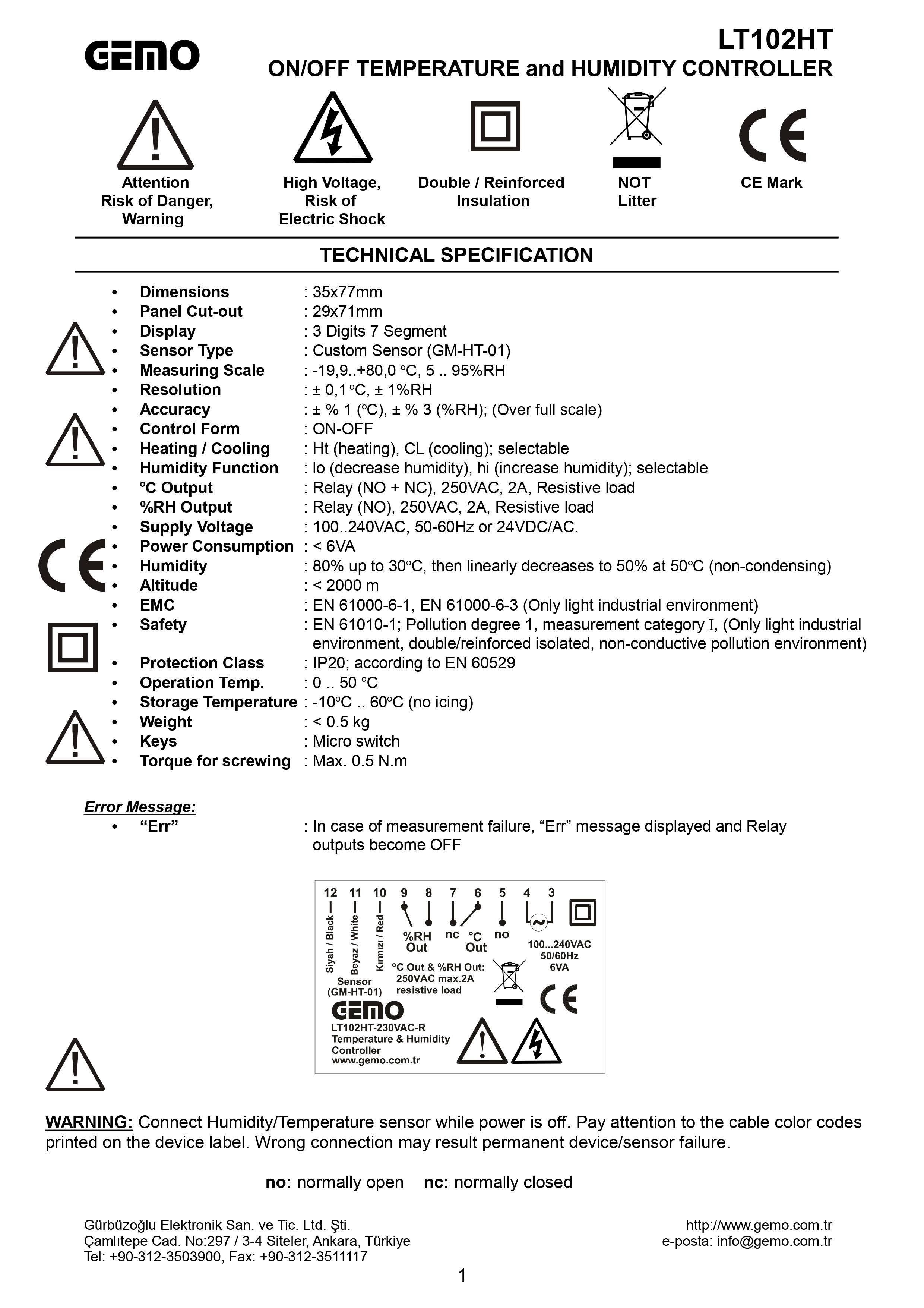 LT102HT; Gemo ON/OFF effect: Humidity Controller Upper limit for effect: Humidity SET