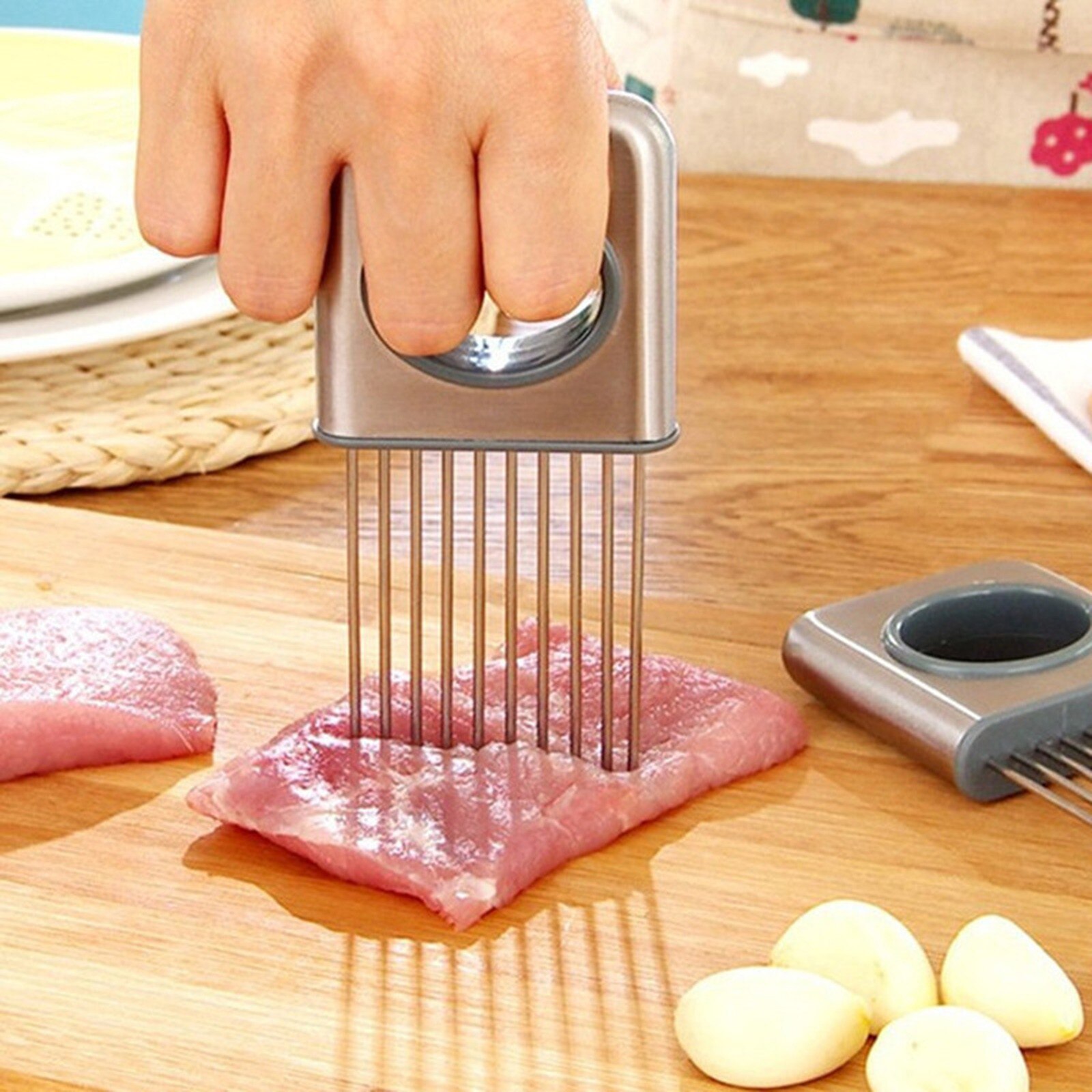 Keuken Gadgets Ui Snijmachine Tomaat Groenten Veilig Vork Groenten Snijden Cutting Tools Gadget Rvs Vork # Td