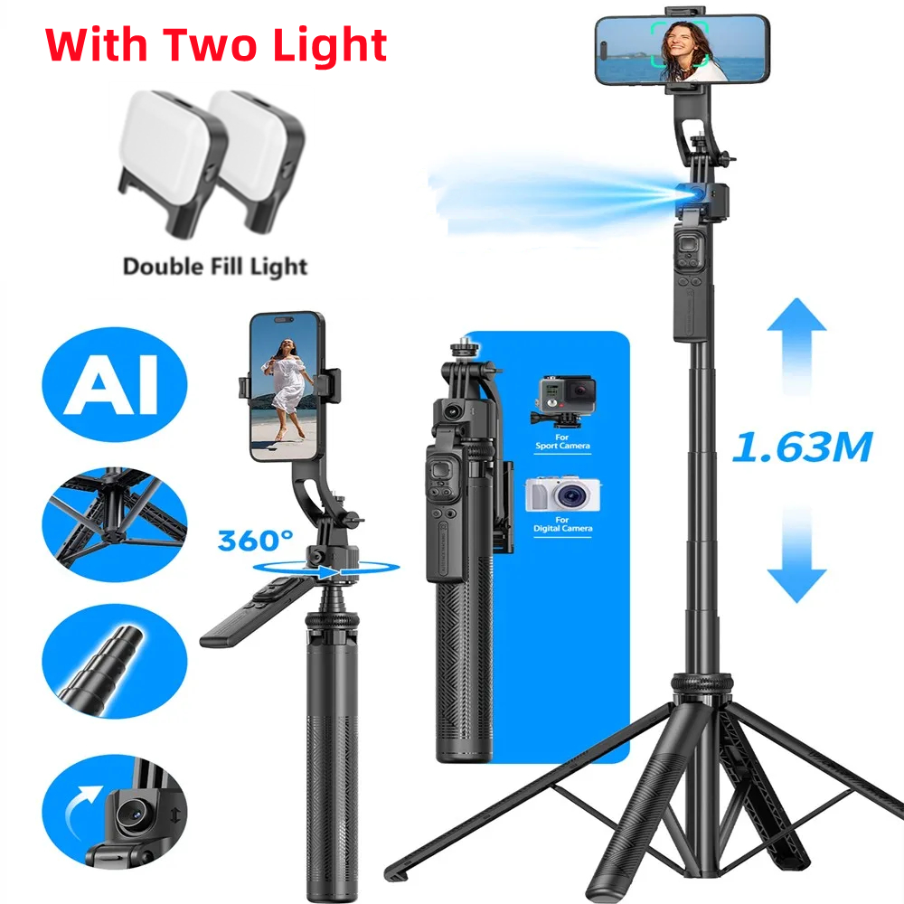 C17 Monopiede 360 ° Treppiede da tiro con tracciamento AI con rotazione automatica Luce di riempimento otturatore Bluetooth per supporto per telefono Bastone selfie wireless: Black