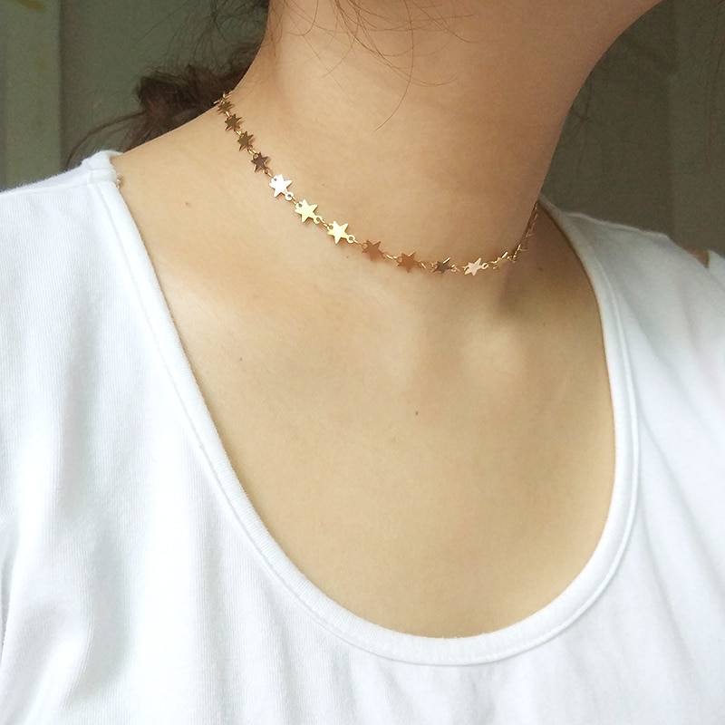 Gothic Copper Stars Choker Necklaces for Women Unique Short Clavicle Chain Necklace Collares Neck Jewelry FS72